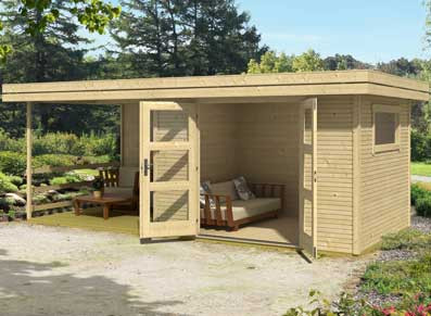 poolhouse bois avec auvent et cabane de rangement ou salon d'été
